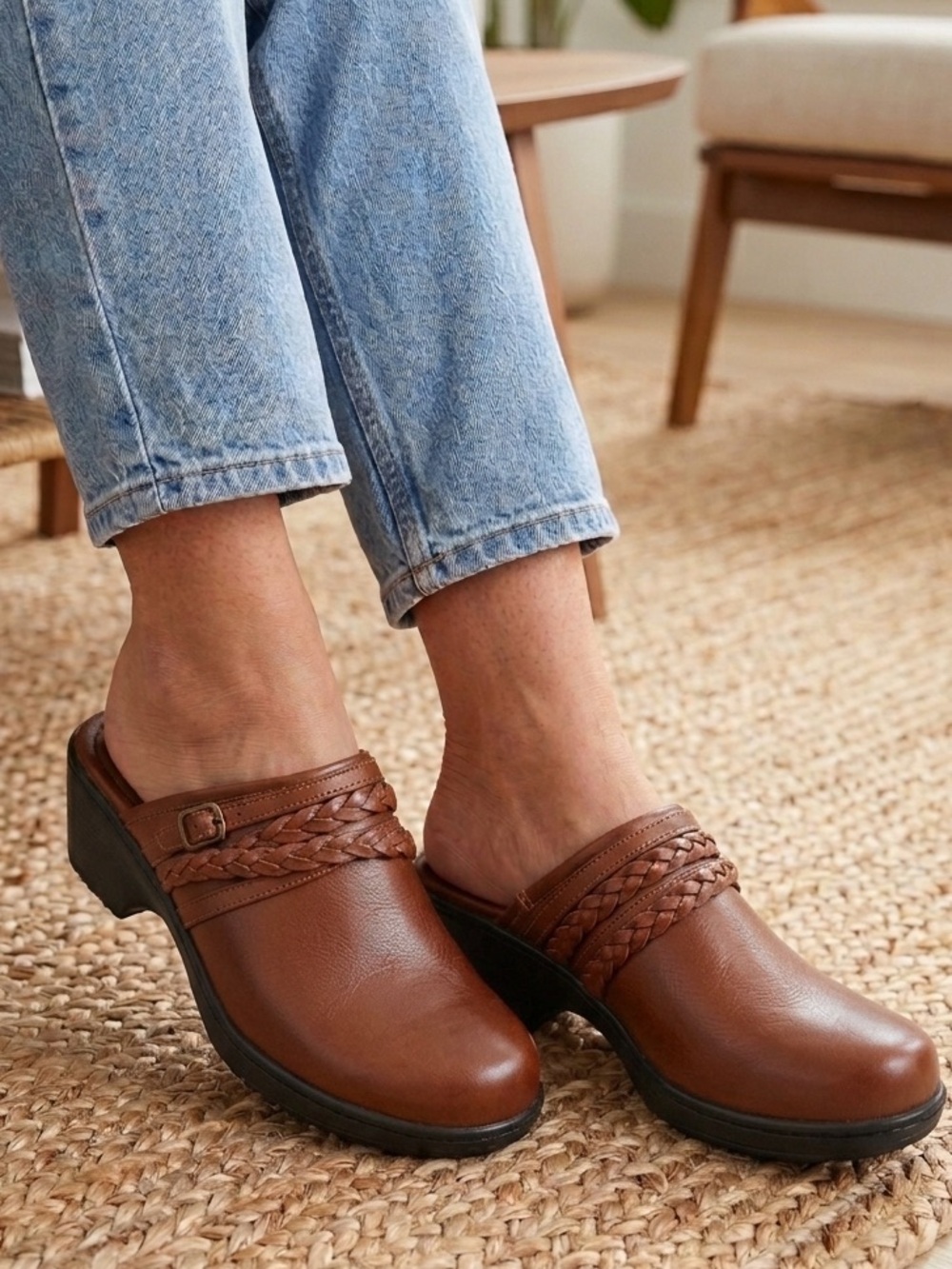 EuroSoft Blakely brown leather braided slip on wedge heel mules clogs 8M